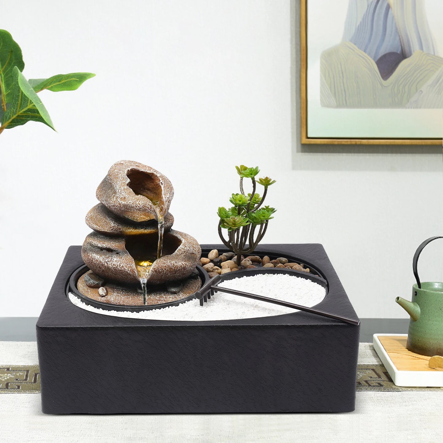 Bymaocar Tabletop Resin Rock Water Fountain With LED Light