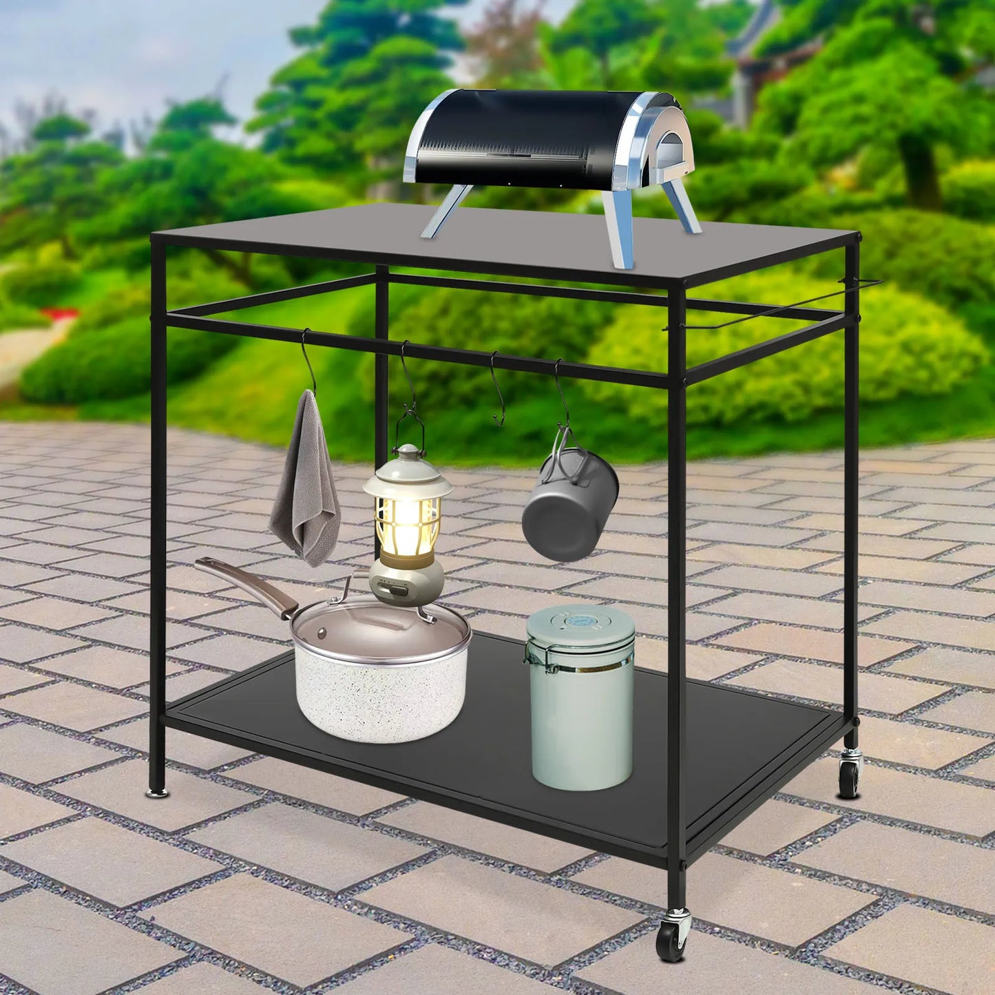 Bymaocar Double Shelf Movable Outdoor Kitchen Cart With Spice Rack