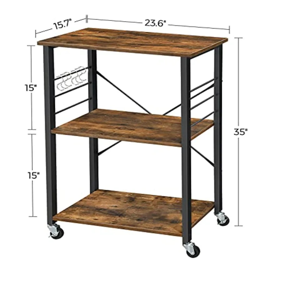Kitchen Cart On Wheels Three Shelf Industrial Style Serving Cart