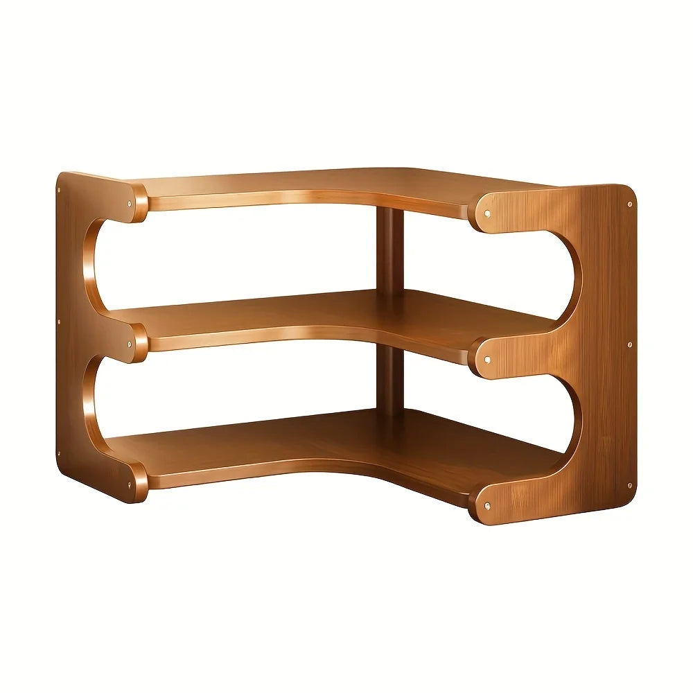 Three-Tier Bamboo Corner Desk Shelf Wall Mount Organizer