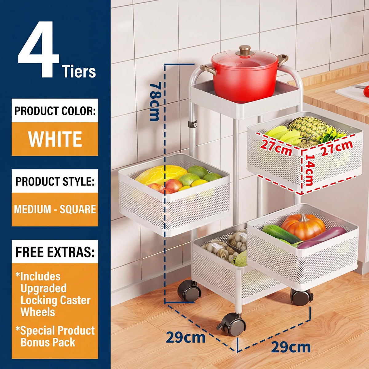 HiMISS Rotating Steel Storage Cart With Wheels Kitchen Organizer