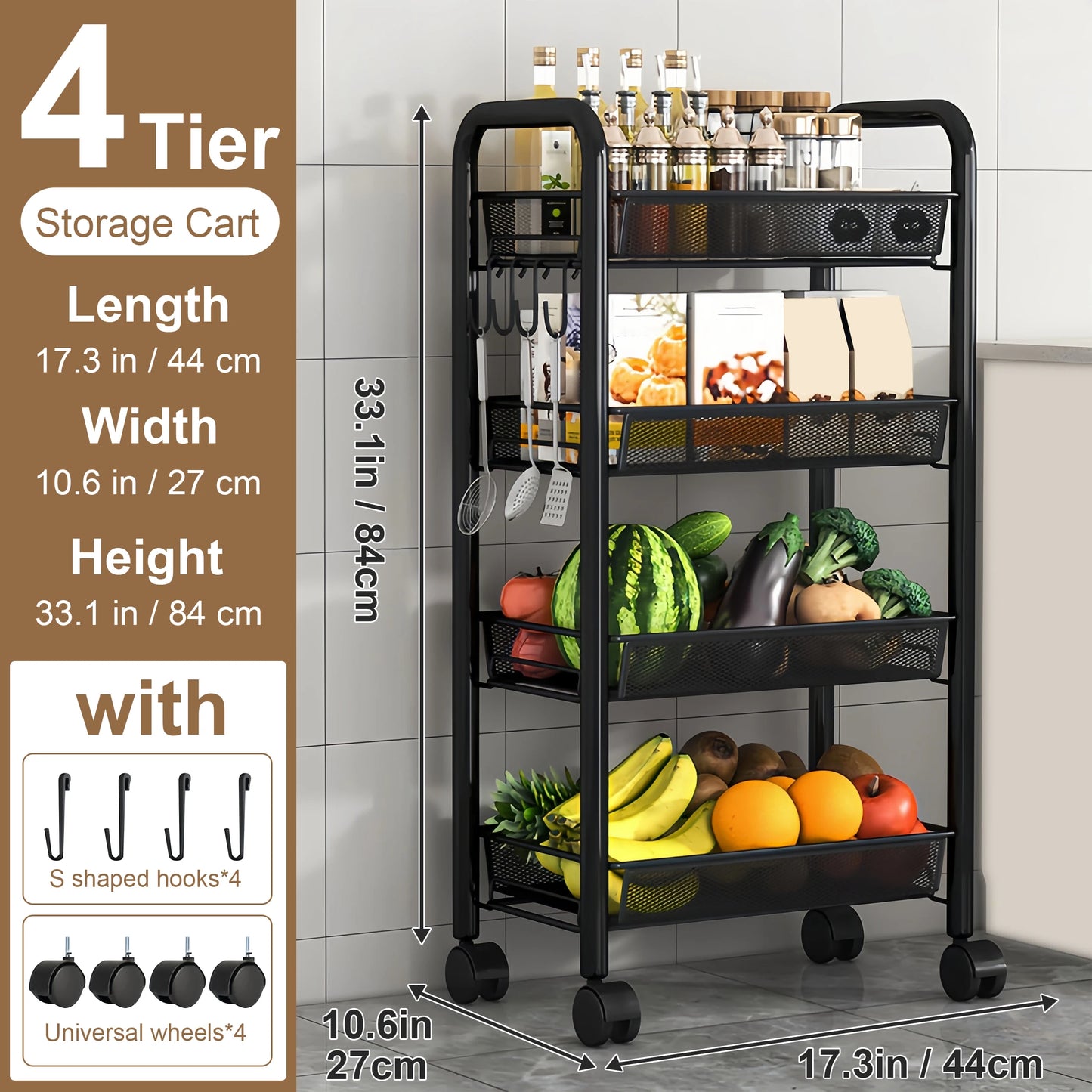 Multilayer Kitchen Storage Cart With Wheels Stackable Metal Utility Shelf