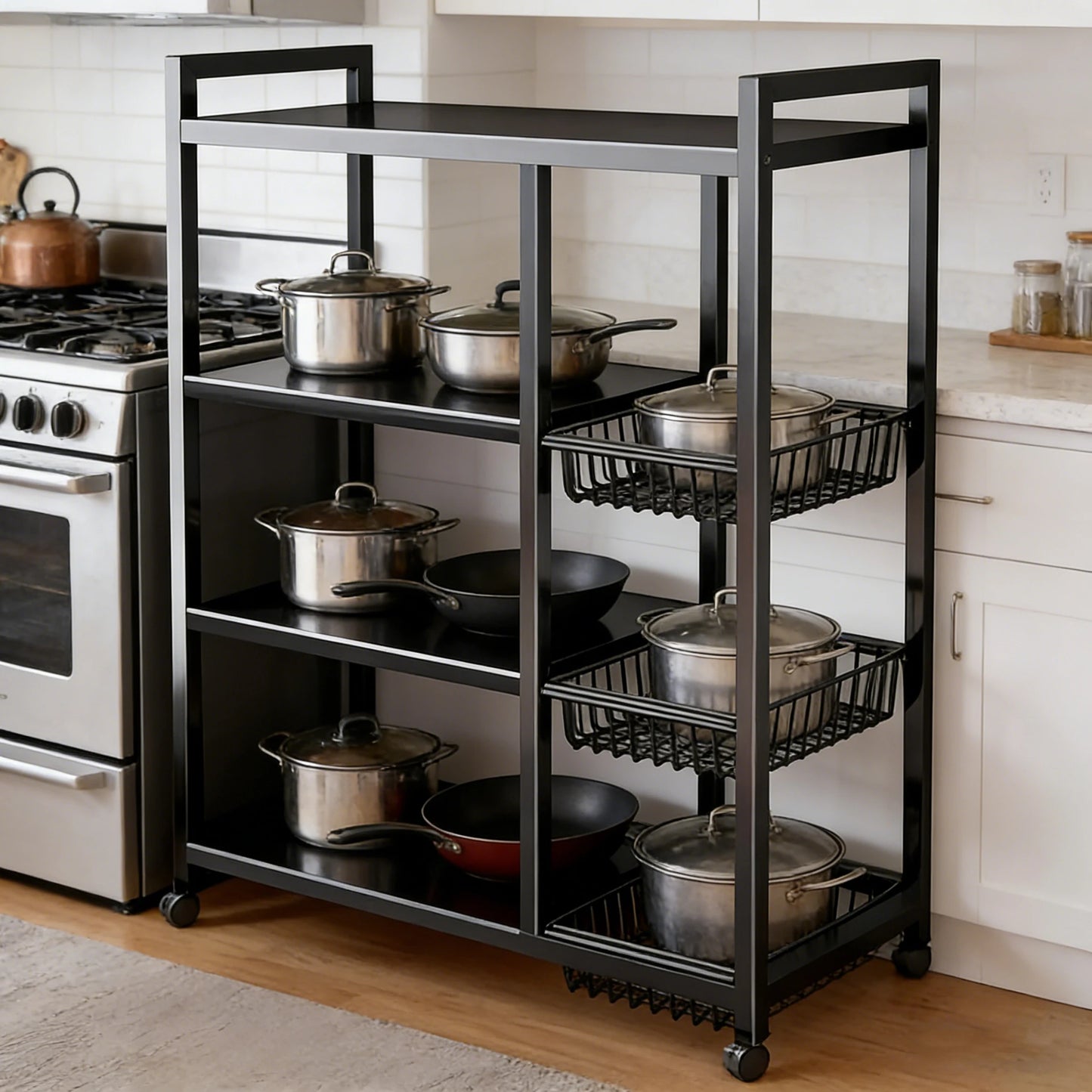 Portable Adjustable 4 Tier Wheeled Storage Cart With Wire Baskets