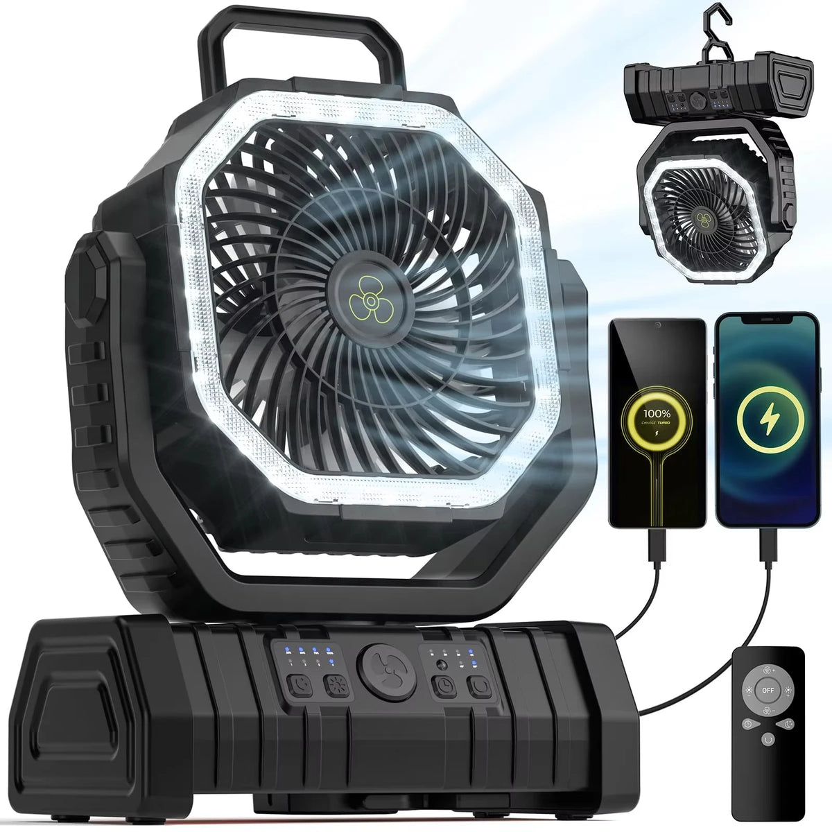 Portable Rechargeable Camping Fan With LED Light Timer