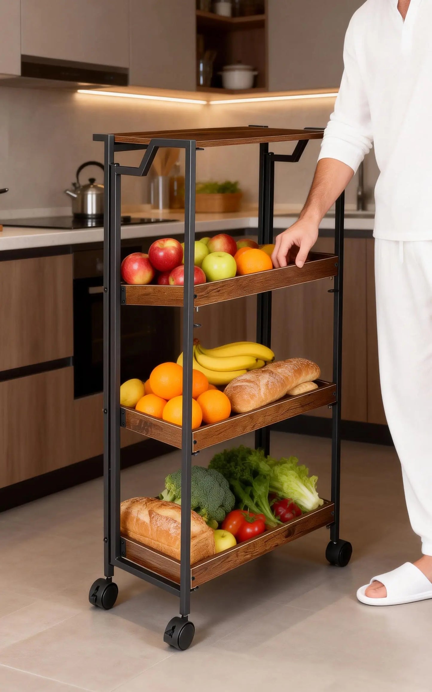 Large 4-Tier Wooden Folding Storage Shelf Cart with Locking Wheel, Expandable Kitchen Organizer Rack, 100 Lbs Loading