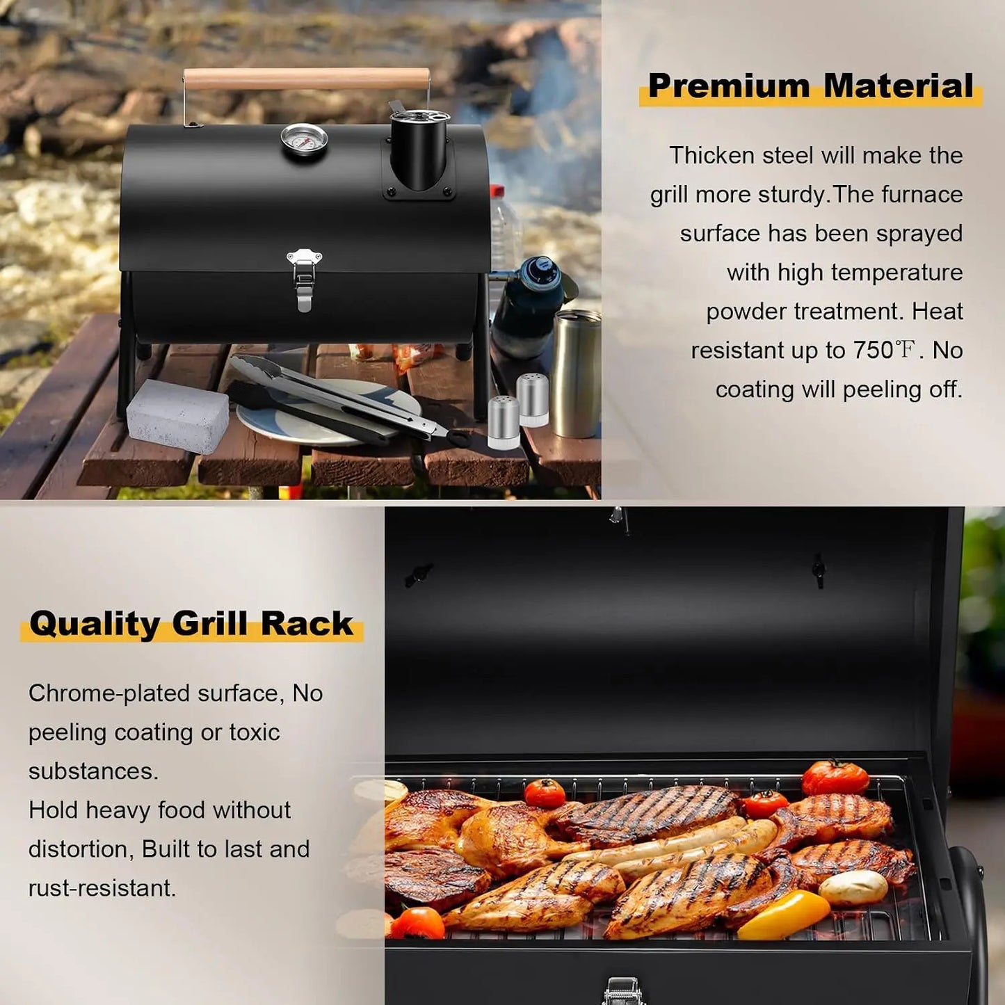 Portable Charcoal Grill Set Tabletop BBQ With Thermometer Chimney