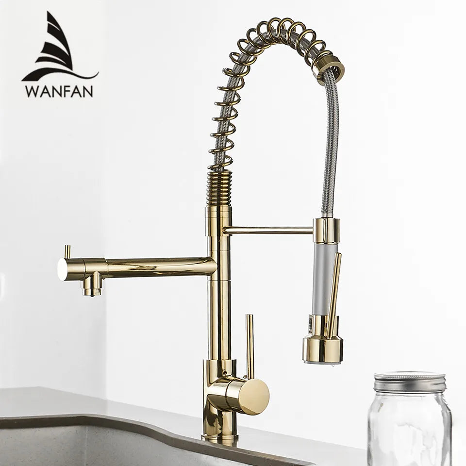 Gold Kitchen Faucets Gold Torneira Para Cozinha Faucet for Kitchen Sink Single Pull Out Spring Spout Mixers Hot Cold Water Tap