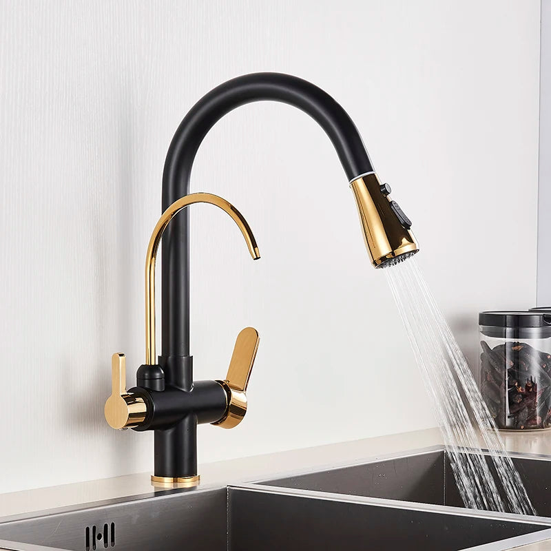 Gold /Black/Chrome Kithcen Purified Faucet Pull Out Water Filter Tap 2/3 Way Torneira Hot Cold Mixer Sink Crane Kitchen Drink