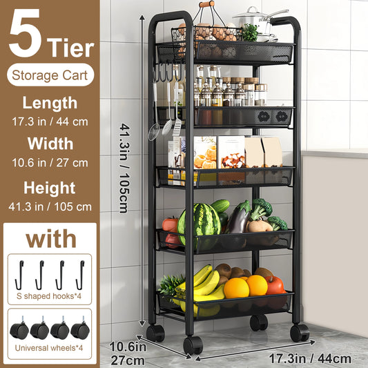Multilayer Kitchen Storage Cart With Wheels Stackable Metal Utility Shelf