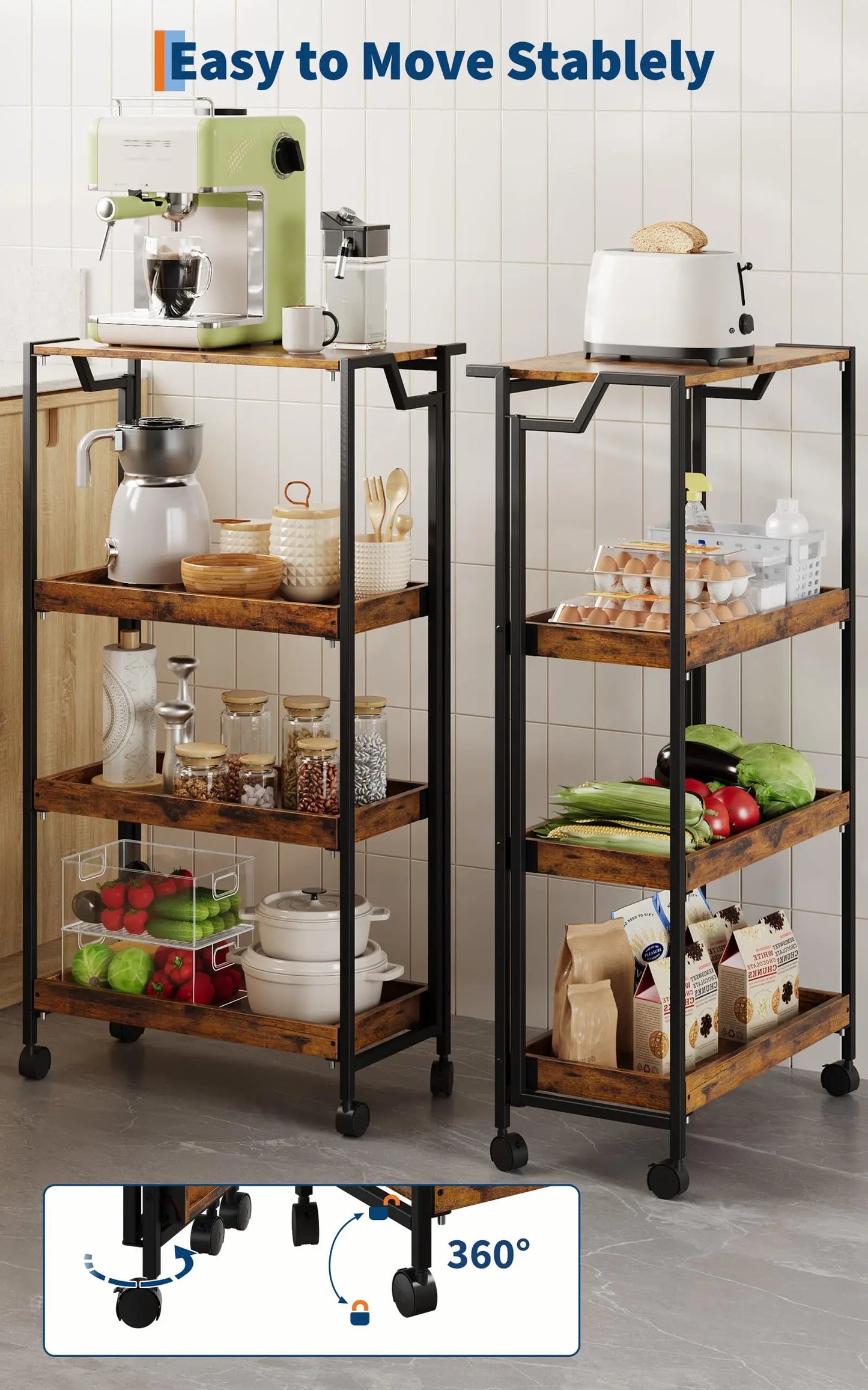 Large 4-Tier Wooden Folding Storage Shelf Cart with Locking Wheel, Expandable Kitchen Organizer Rack, 100 Lbs Loading