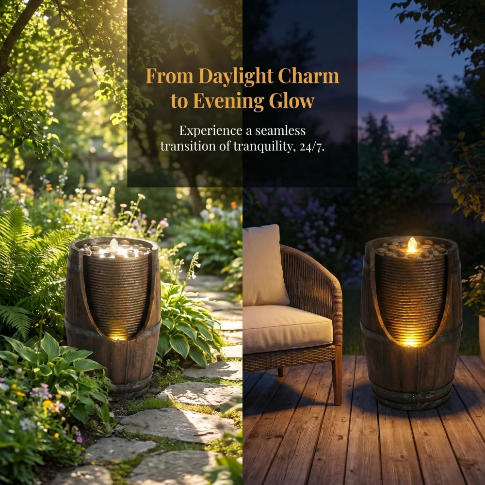 Handcrafted Resin Barrel Water Fountain With Built In Lights Outdoor Decor