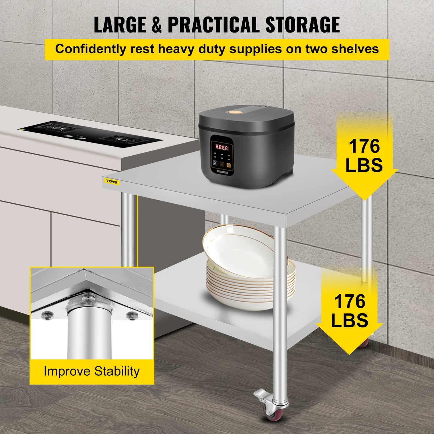 SucceBuy Stainless Steel Kitchen Prep Table With 4 Caster Wheels Backsplash Loads Up to 100KG-300KG for Home Storage Rack Dining