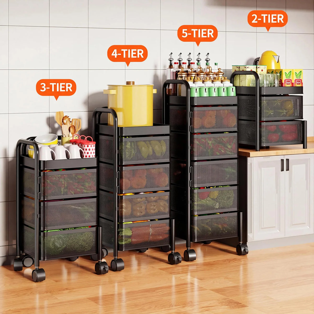 HiMISS Rotating Steel Storage Cart With Wheels Kitchen Organizer