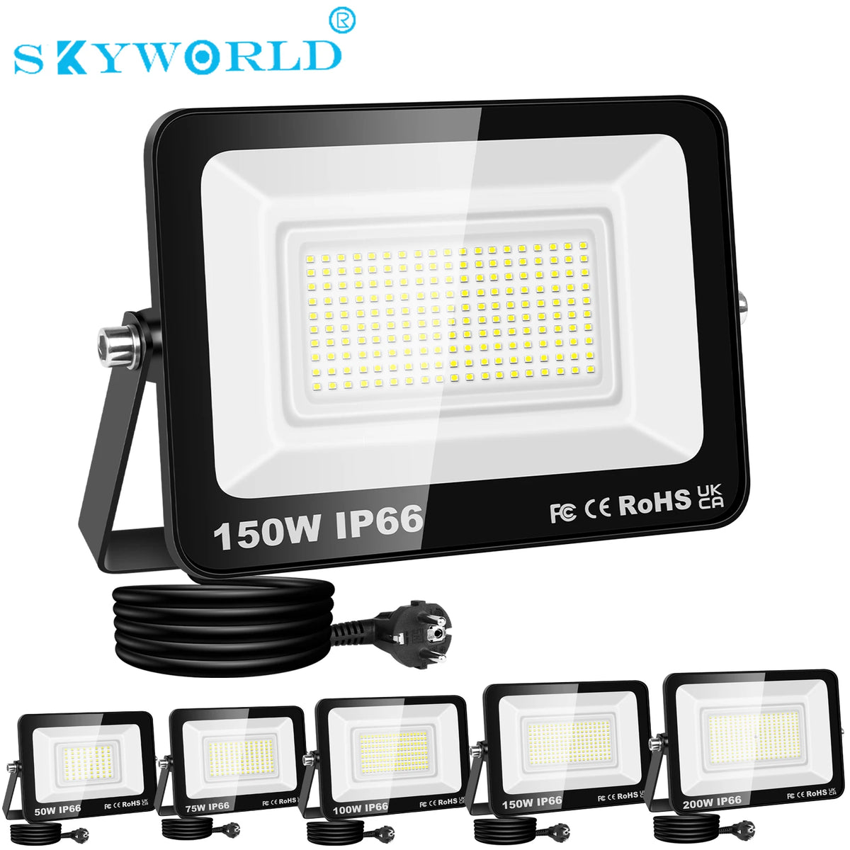 SKYWORLD 50W-200W LED Flood Light AC 110V 240V Floodlight with Plug Street Garden Wall Lamp Outdoor Lighting 6000K