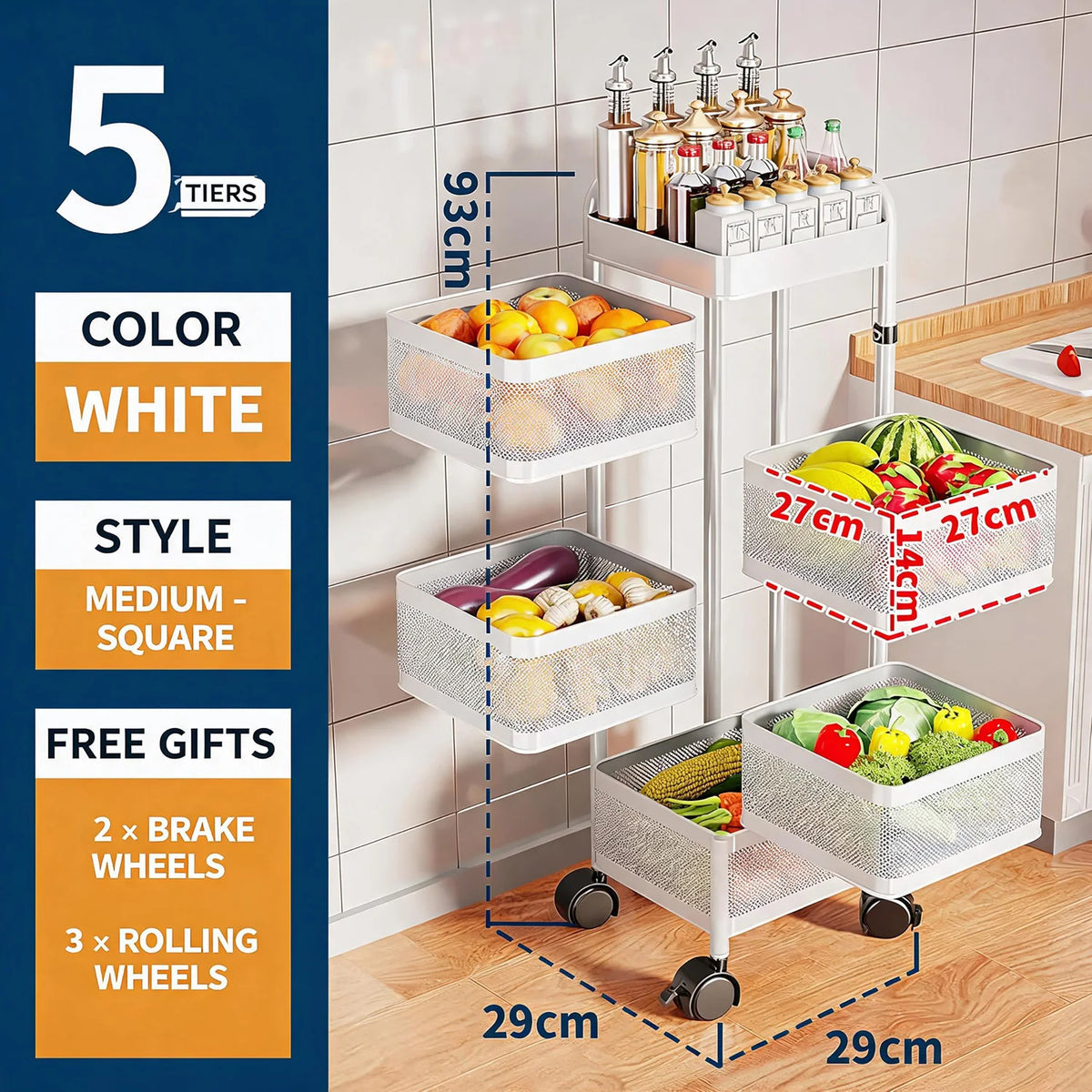 HiMISS Rotating Steel Storage Cart With Wheels Kitchen Organizer