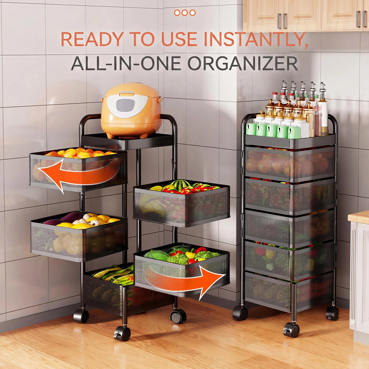 HiMISS Rotating Steel Storage Cart With Wheels Kitchen Organizer