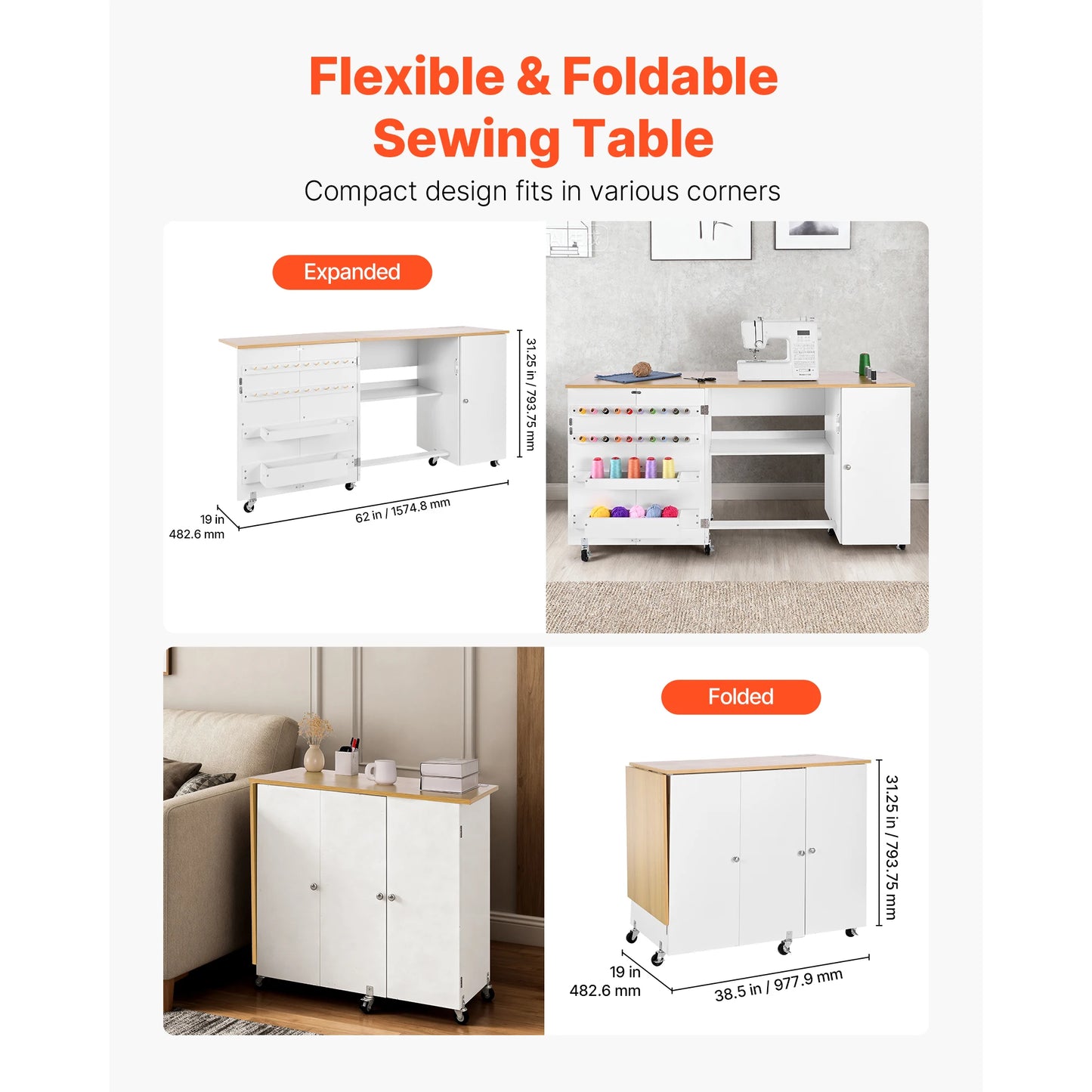 SucceBuy Folding Sewing Table Multipurpose Sewing Machine Table with Cabinet Charging Station Compact Design Side Desk for Home