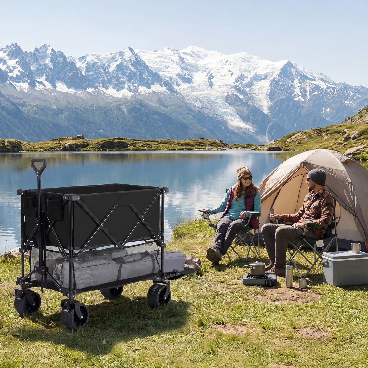 JHK Outdoor Double Decker Wagons Cart 440 Pound Capacity Garden Camping