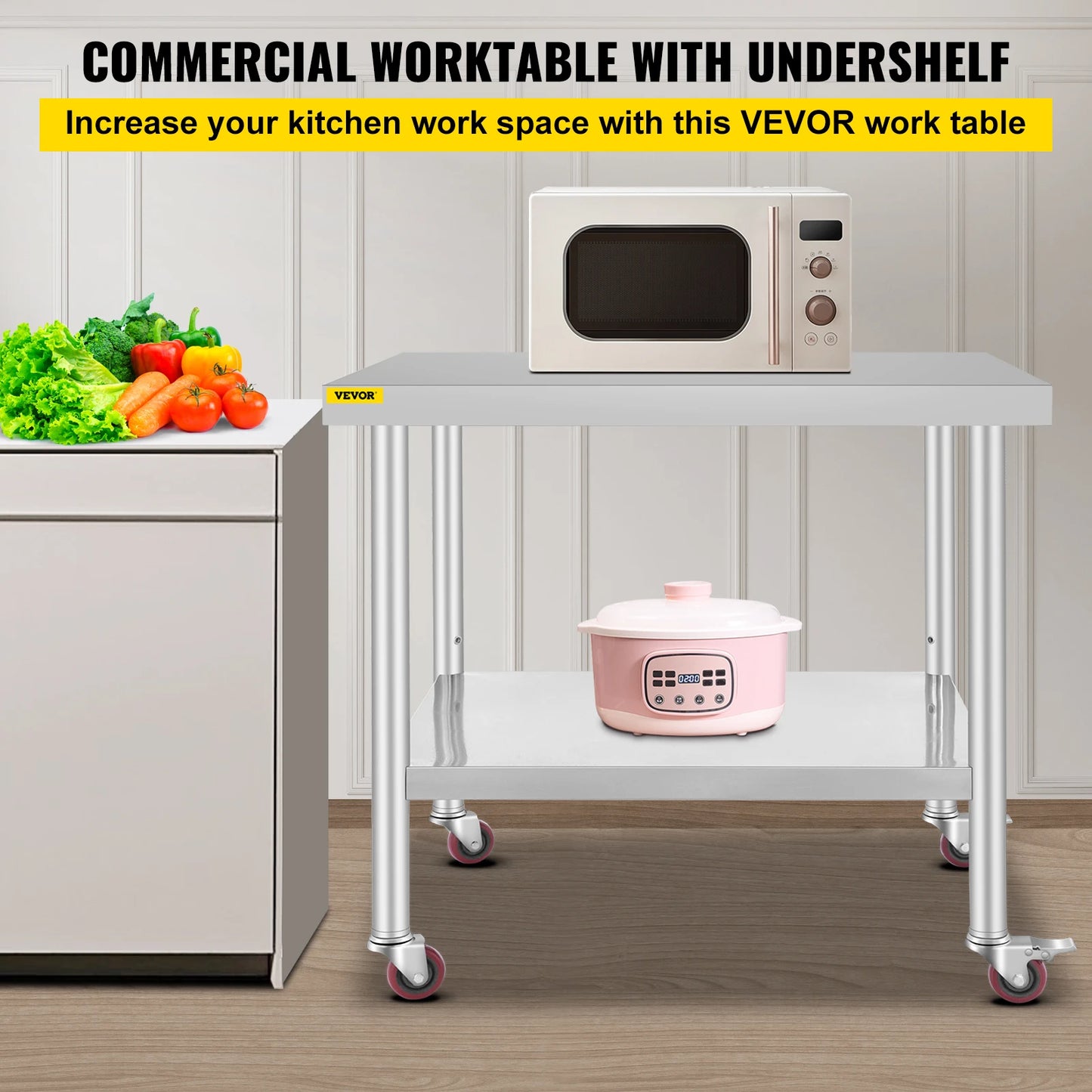 SucceBuy Stainless Steel Kitchen Prep Table With 4 Caster Wheels Backsplash Loads Up to 100KG-300KG for Home Storage Rack Dining