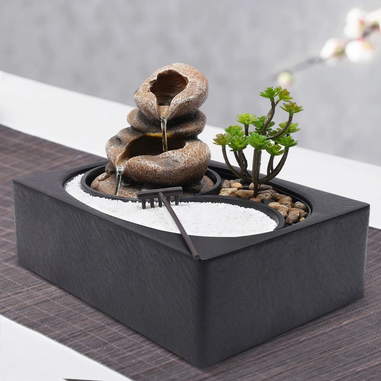 Bymaocar Tabletop Resin Rock Water Fountain With LED Light