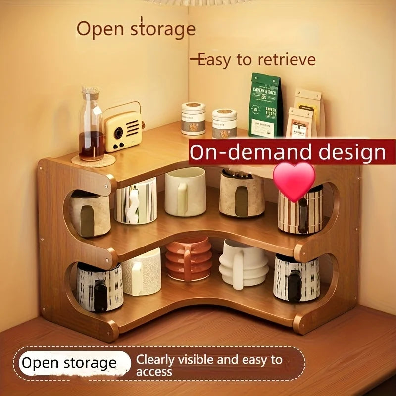 Three-Tier Bamboo Corner Desk Shelf Wall Mount Organizer