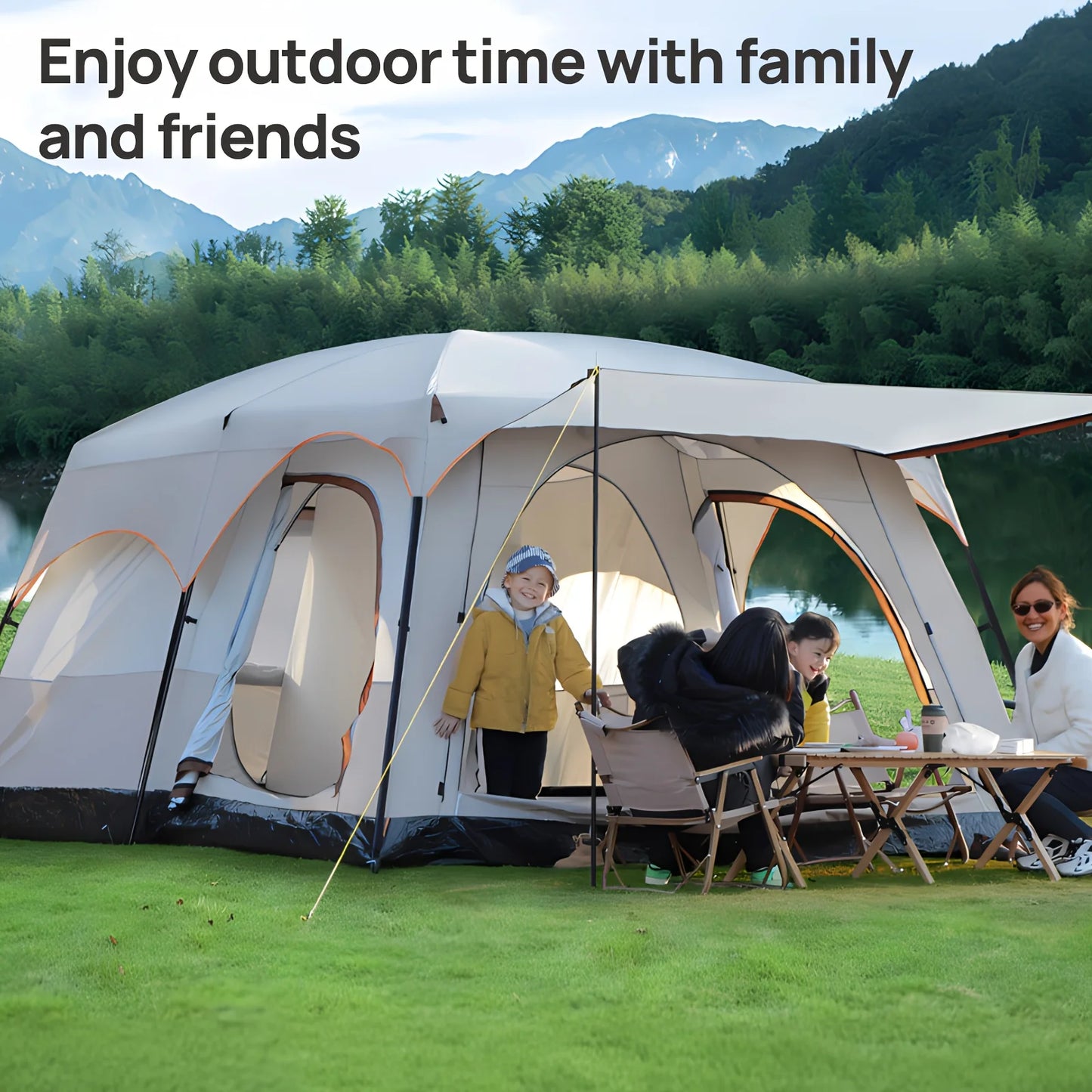 Family Camping Tent With Mosquito Screen And Sunscreen Protection