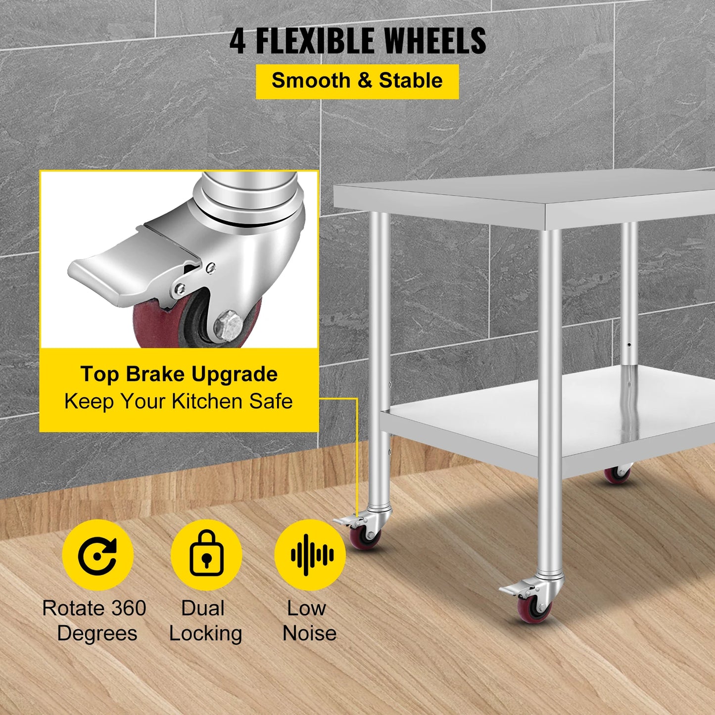 SucceBuy Stainless Steel Kitchen Prep Table With 4 Caster Wheels Backsplash Loads Up to 100KG-300KG for Home Storage Rack Dining