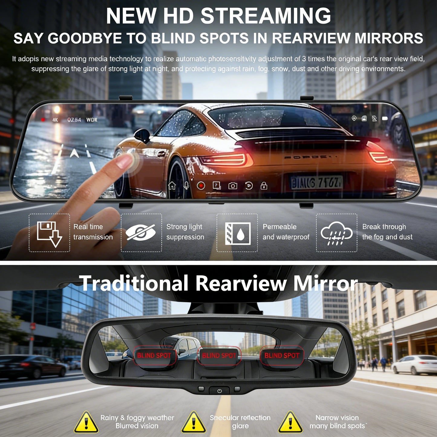 Mirror Dash Cam 1080P Dual Lens Front Rear Waterproof IPS Touchscreen Wide Angle
