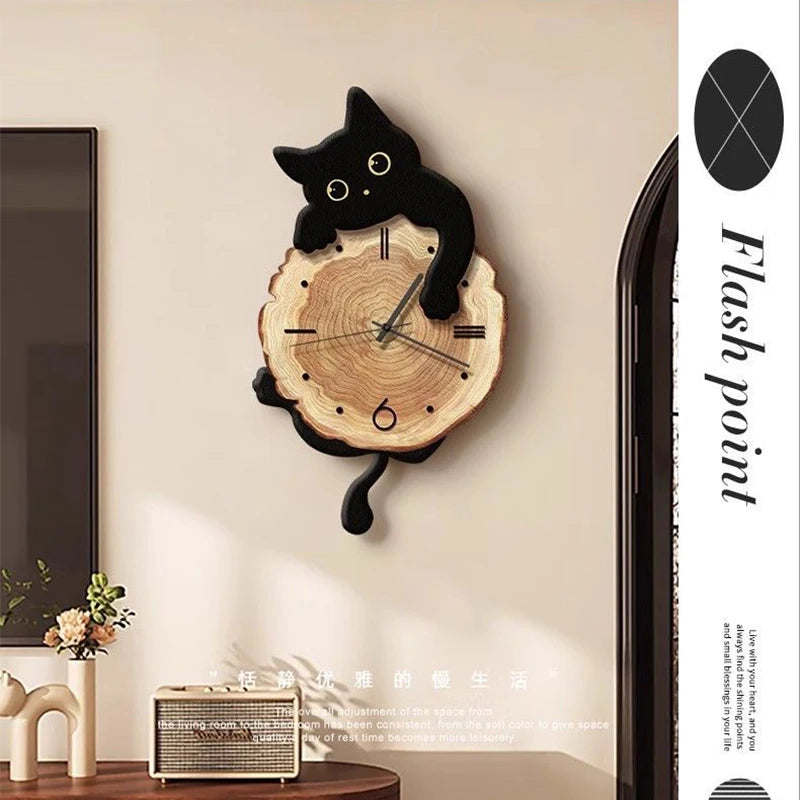 Cartoon Cat Wall Clock With Swing Tail Quartz Mute Design