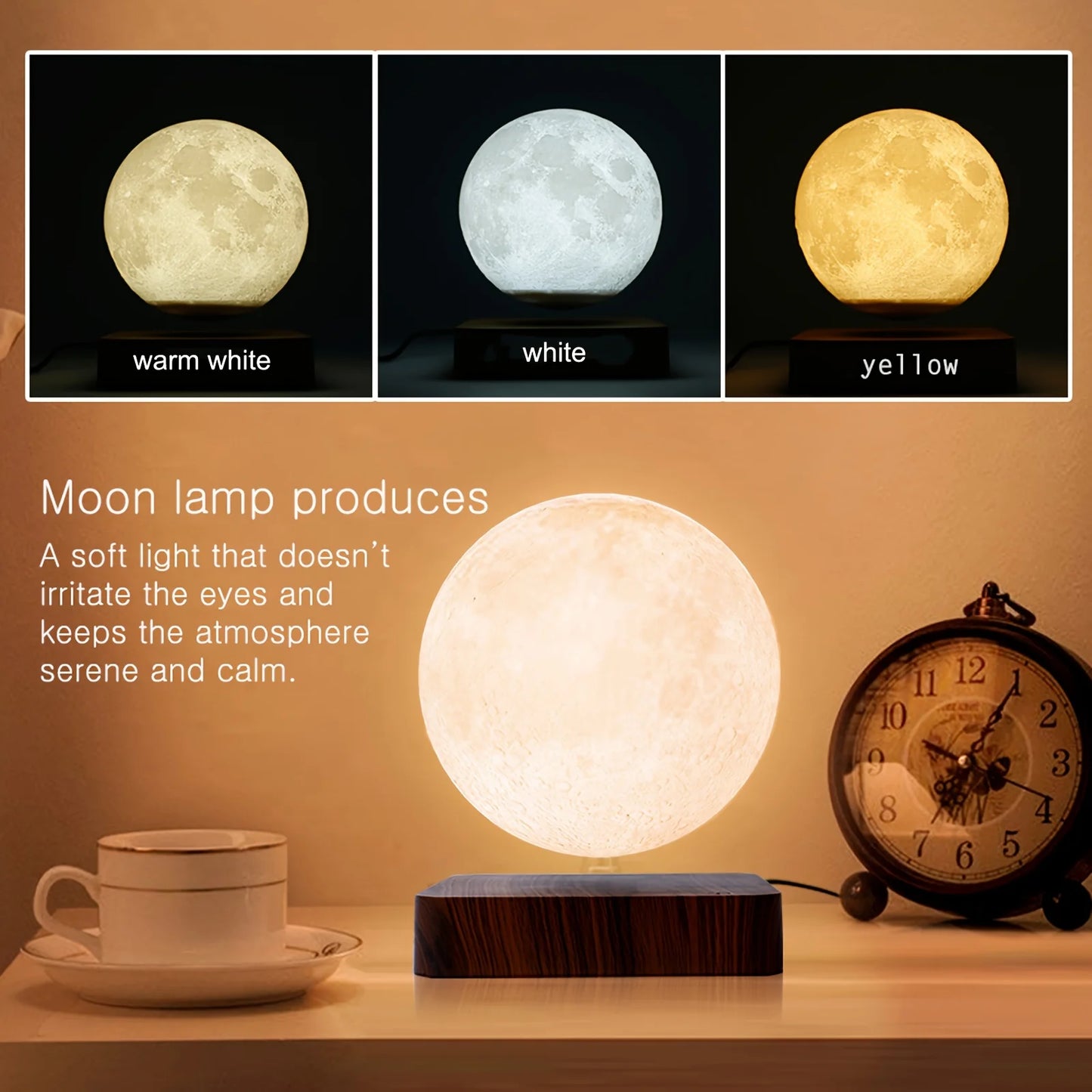 Mexllex Magnetic Floating Moon Lamp With Wooden Base LED Temperatures