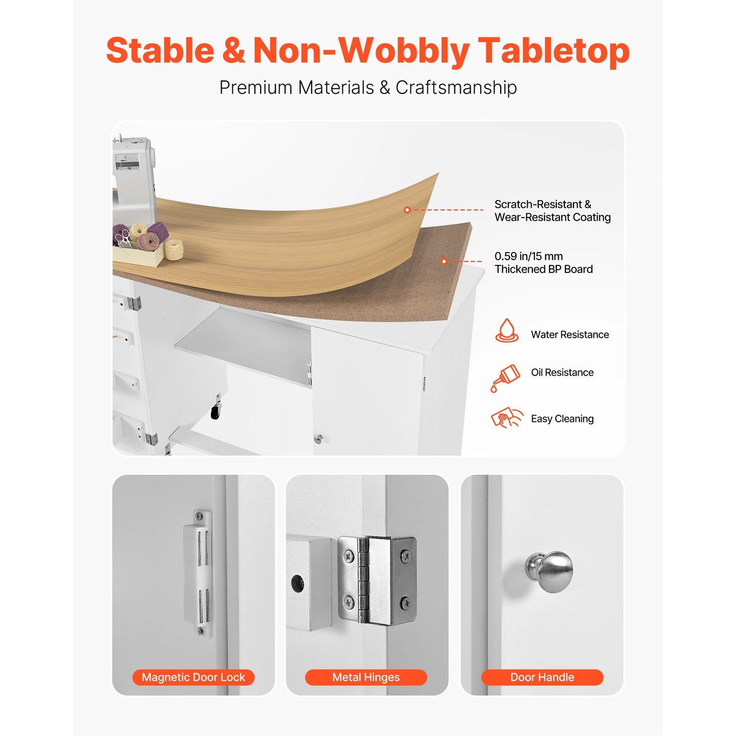 SucceBuy Folding Sewing Table Multipurpose Sewing Machine Table with Cabinet Charging Station Compact Design Side Desk for Home