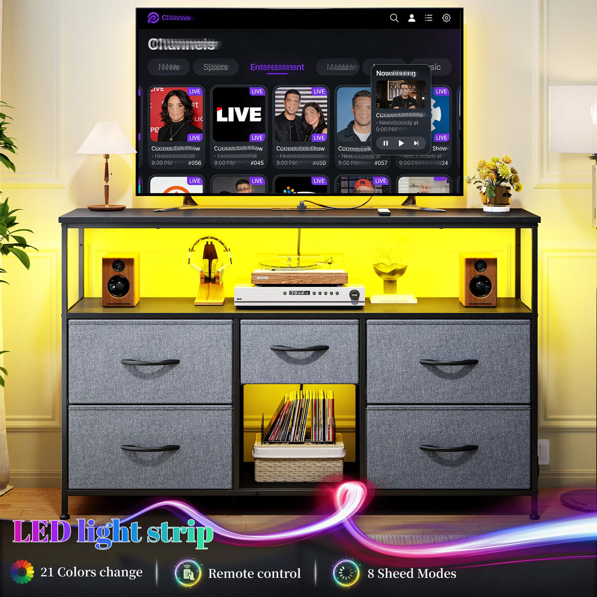 EnHomee TV Console With LED Lights And Fabric Storage Drawers