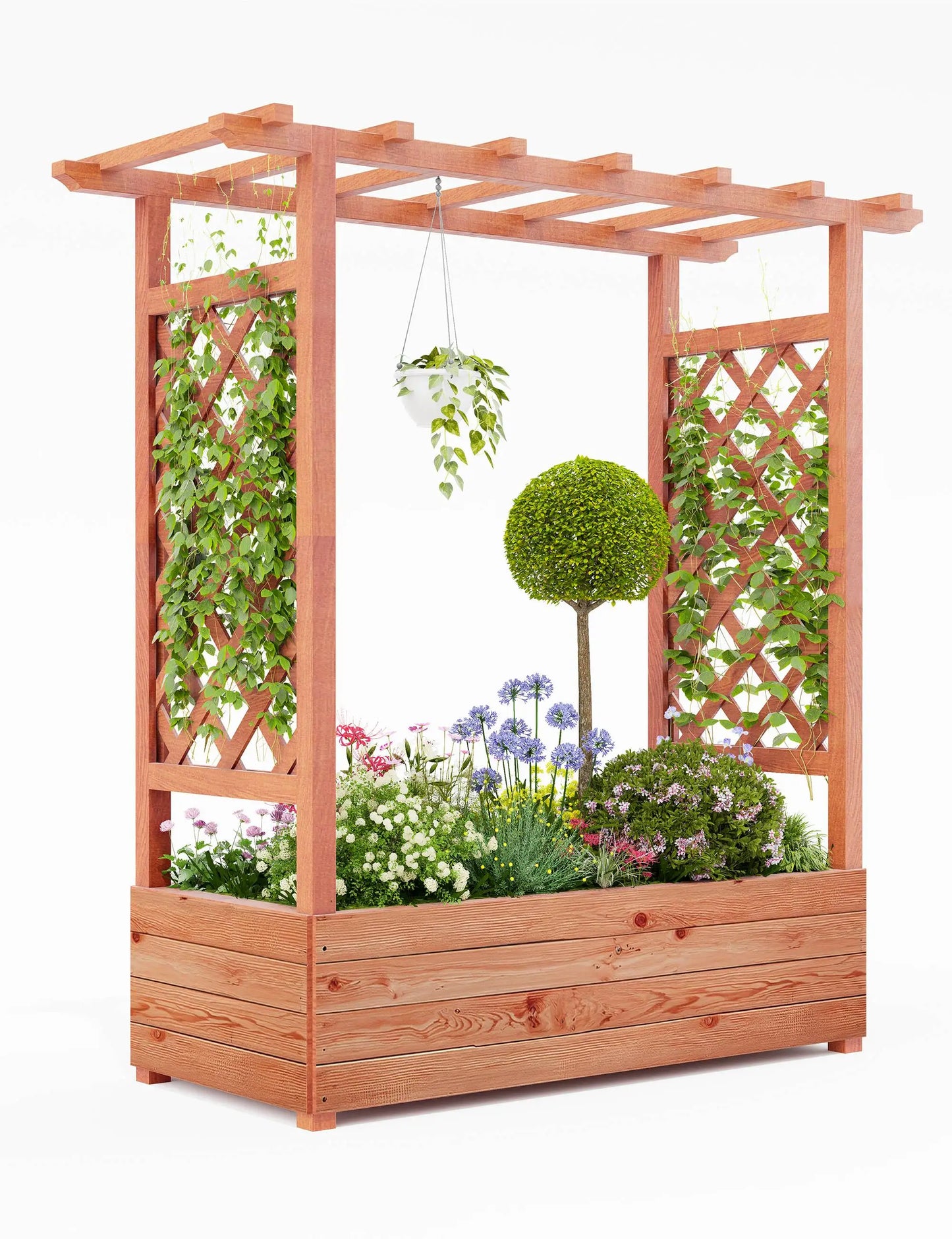 HiMISS Elevated Wooden Raised Garden Bed Trellis Canopy Drainage Planter
