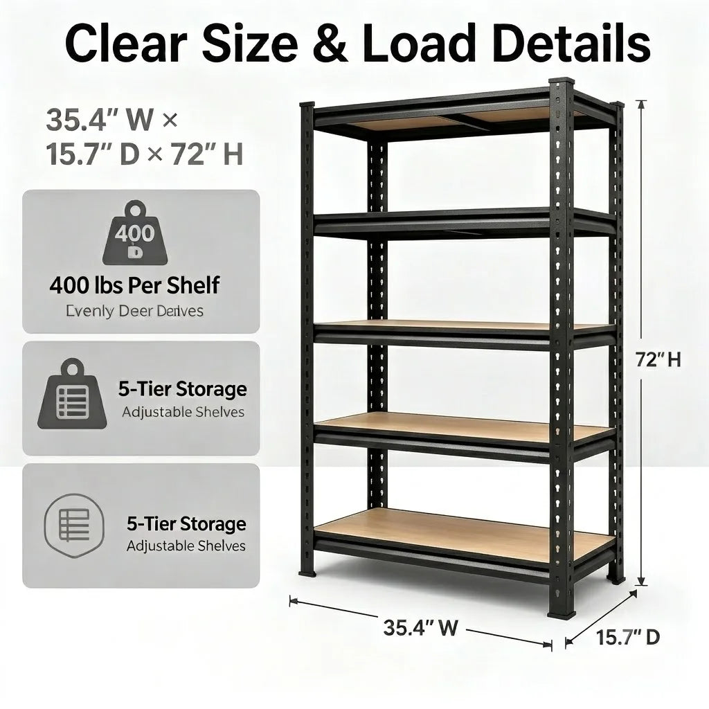 Heavy Duty Metal Storage Rack With Five Adjustable Tier Shelves