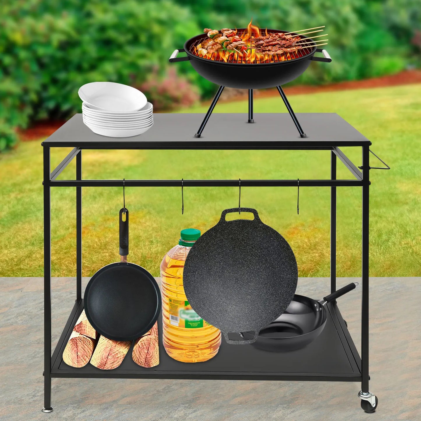 Bymaocar Double Shelf Movable Outdoor Kitchen Cart With Spice Rack