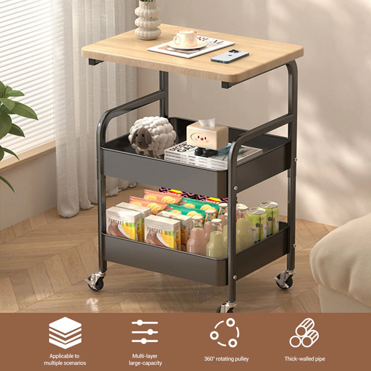 Himiss Three Tier Rolling Storage Cart With Wooden Shelf