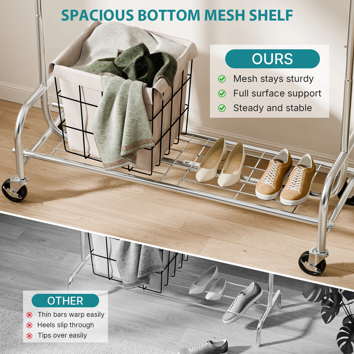 MCQ 70IN Heavy Duty Clothes Racks with Wheels  Entryway Storage Organizer with Top Hanging Rod Movable Hooks Bench For Home Living Room ﻿