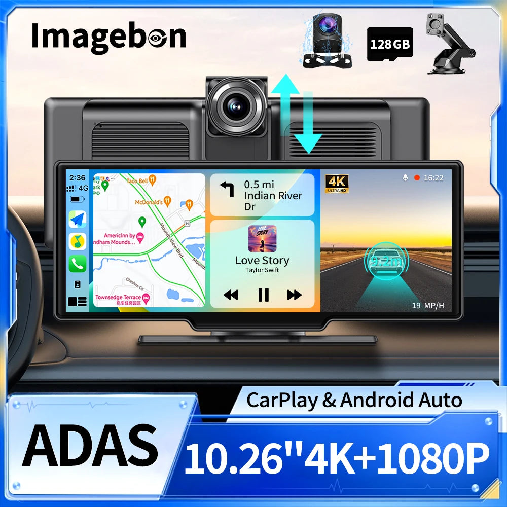 Imagebon 4K ADAS Dashcam With CarPlay Android Auto GPS AI