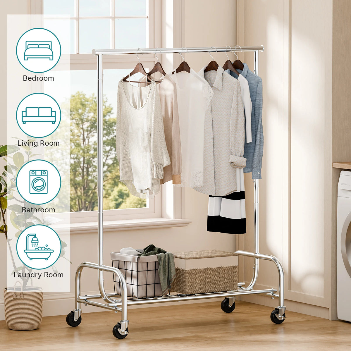 MCQ 70IN Heavy Duty Clothes Racks with Wheels  Entryway Storage Organizer with Top Hanging Rod Movable Hooks Bench For Home Living Room ﻿