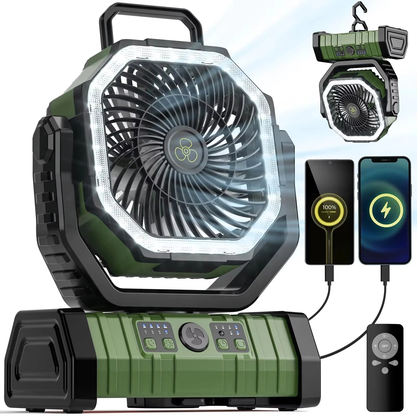 Camping Fan 20000mAh Battery Powered Fan Rechargeable with LED Light Portable Outdoor Tent Fan with Hanging Hook