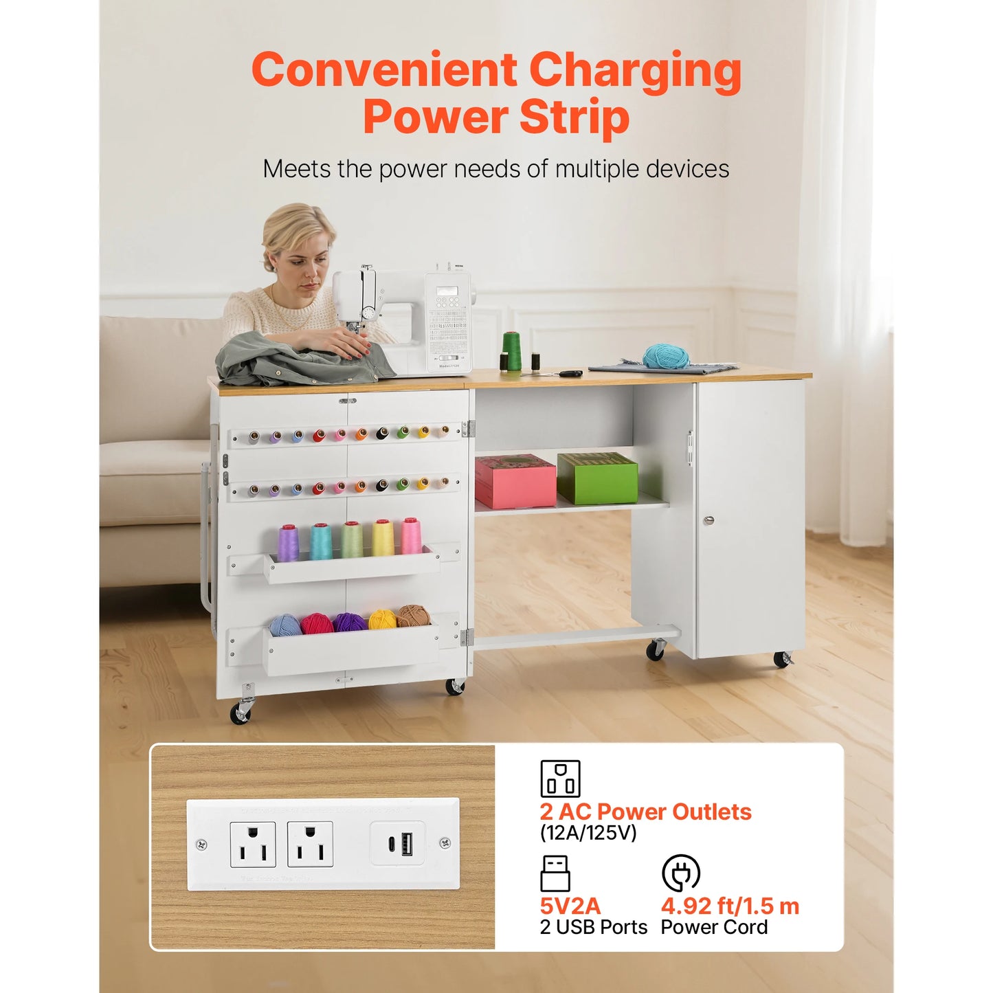 SucceBuy Folding Sewing Table Multipurpose Sewing Machine Table with Cabinet Charging Station Compact Design Side Desk for Home
