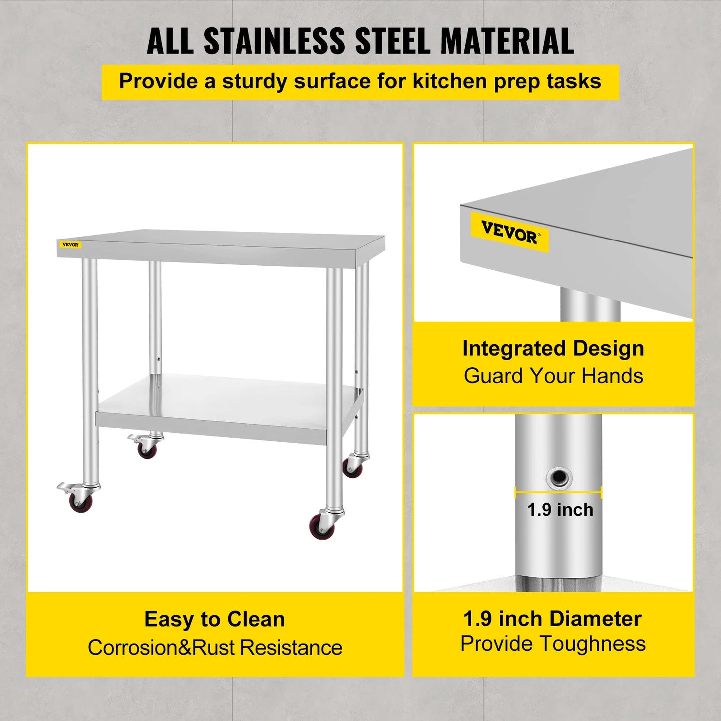 SucceBuy Stainless Steel Kitchen Prep Table With 4 Caster Wheels Backsplash Loads Up to 100KG-300KG for Home Storage Rack Dining