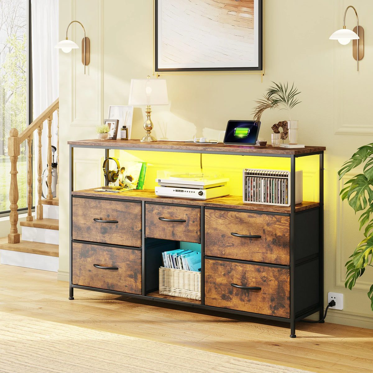 EnHomee TV Console With LED Lights And Fabric Storage Drawers