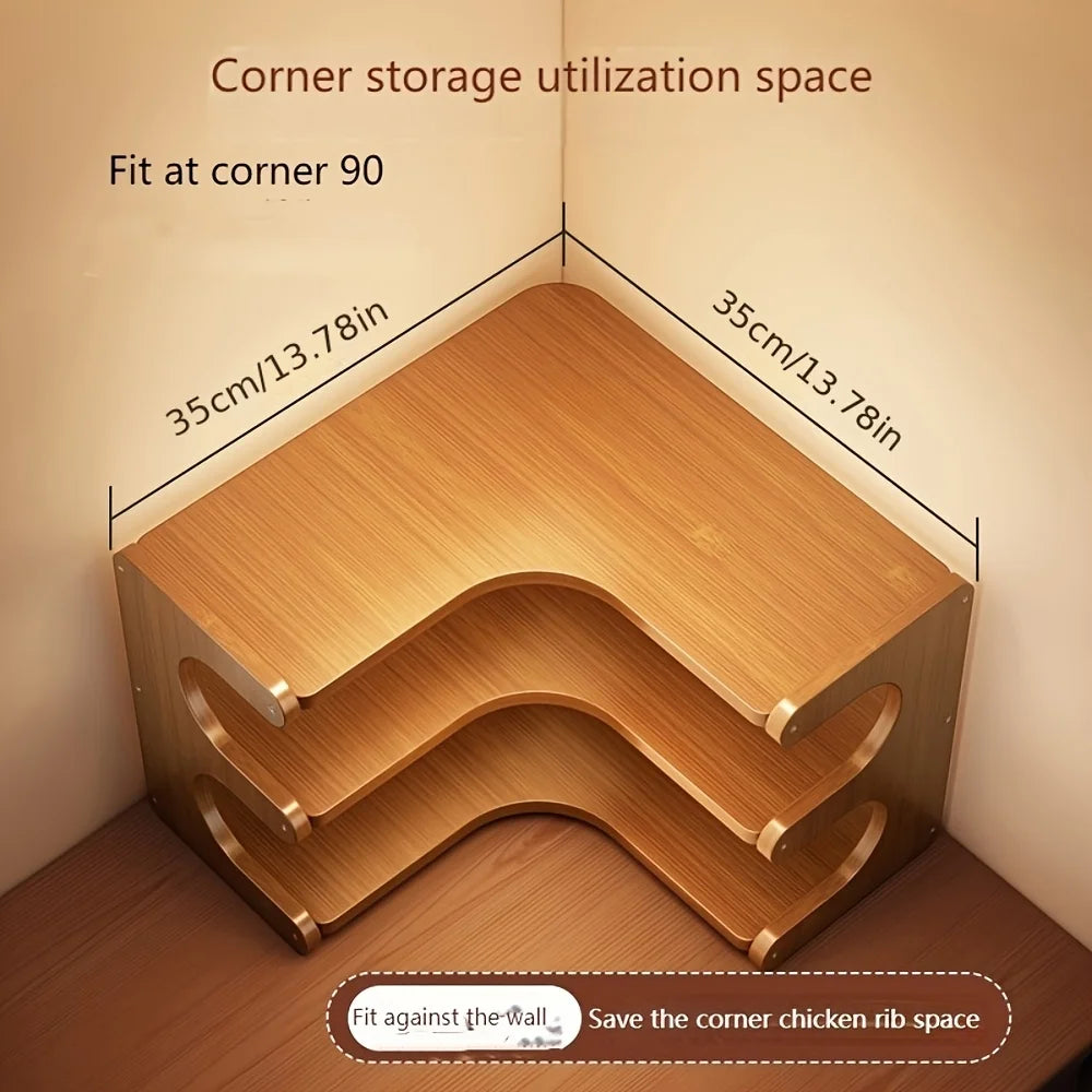 Three-Tier Bamboo Corner Desk Shelf Wall Mount Organizer