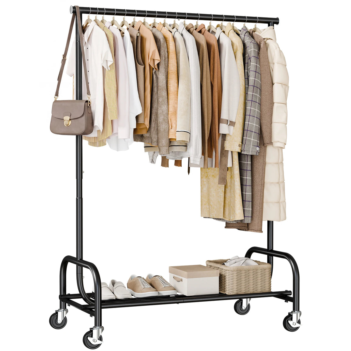 MCQ 70IN Heavy Duty Clothes Racks with Wheels  Entryway Storage Organizer with Top Hanging Rod Movable Hooks Bench For Home Living Room ﻿