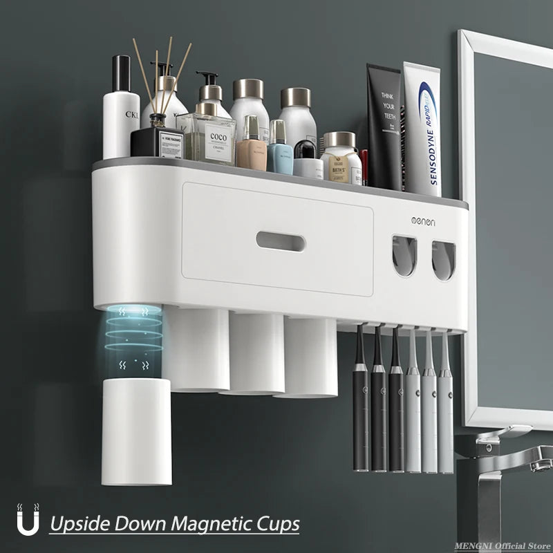 MENGNI Magnetic Inverted Toothbrush Holder Wall Mount Toothpaste Squeezer