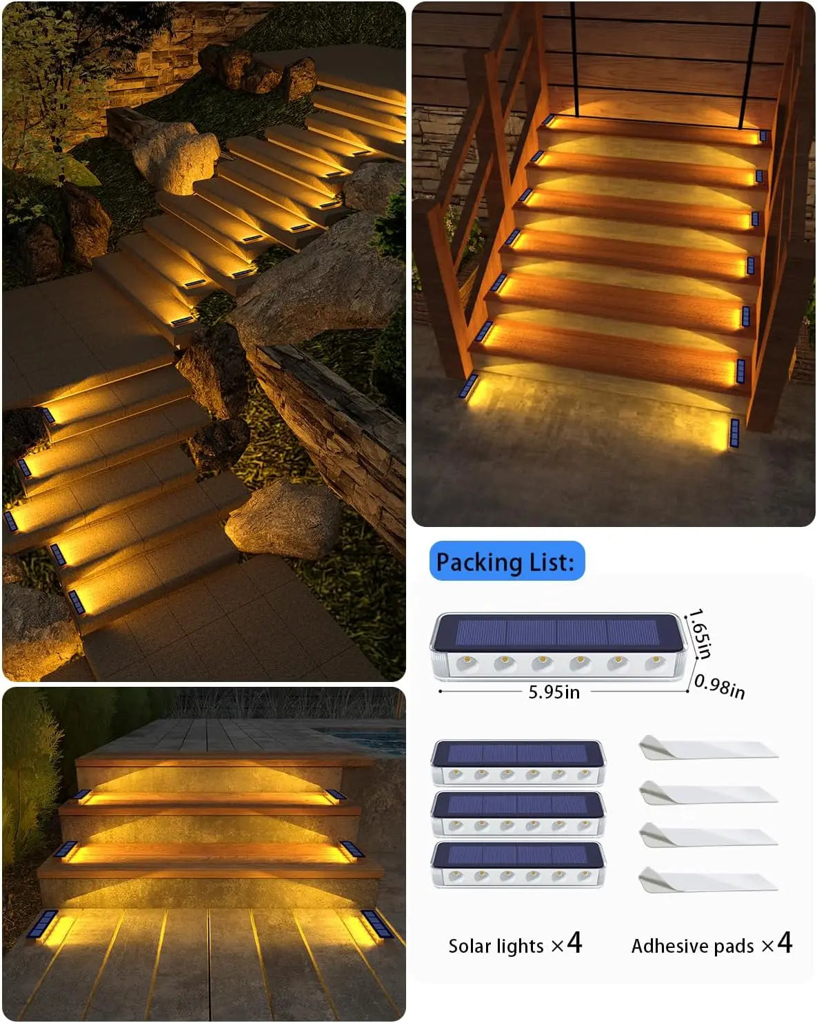 4 Pack Outdoor Solar LED Step Lights IP68 Waterproof Deck Stair Lights
