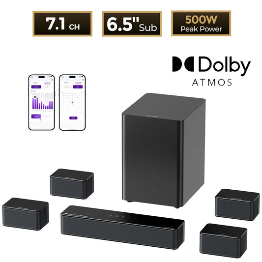 ULTIMEA Poseidon D80 Boom 7.1ch 500W Dolby Atmos Soundbar, Wireless Subwoofer & 4 Surround Speakers, Home Theater TV,APP Control