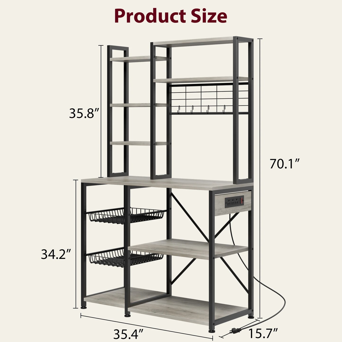 Industrial Wooden Bakers Rack With Power Outlet And Microwave Stand