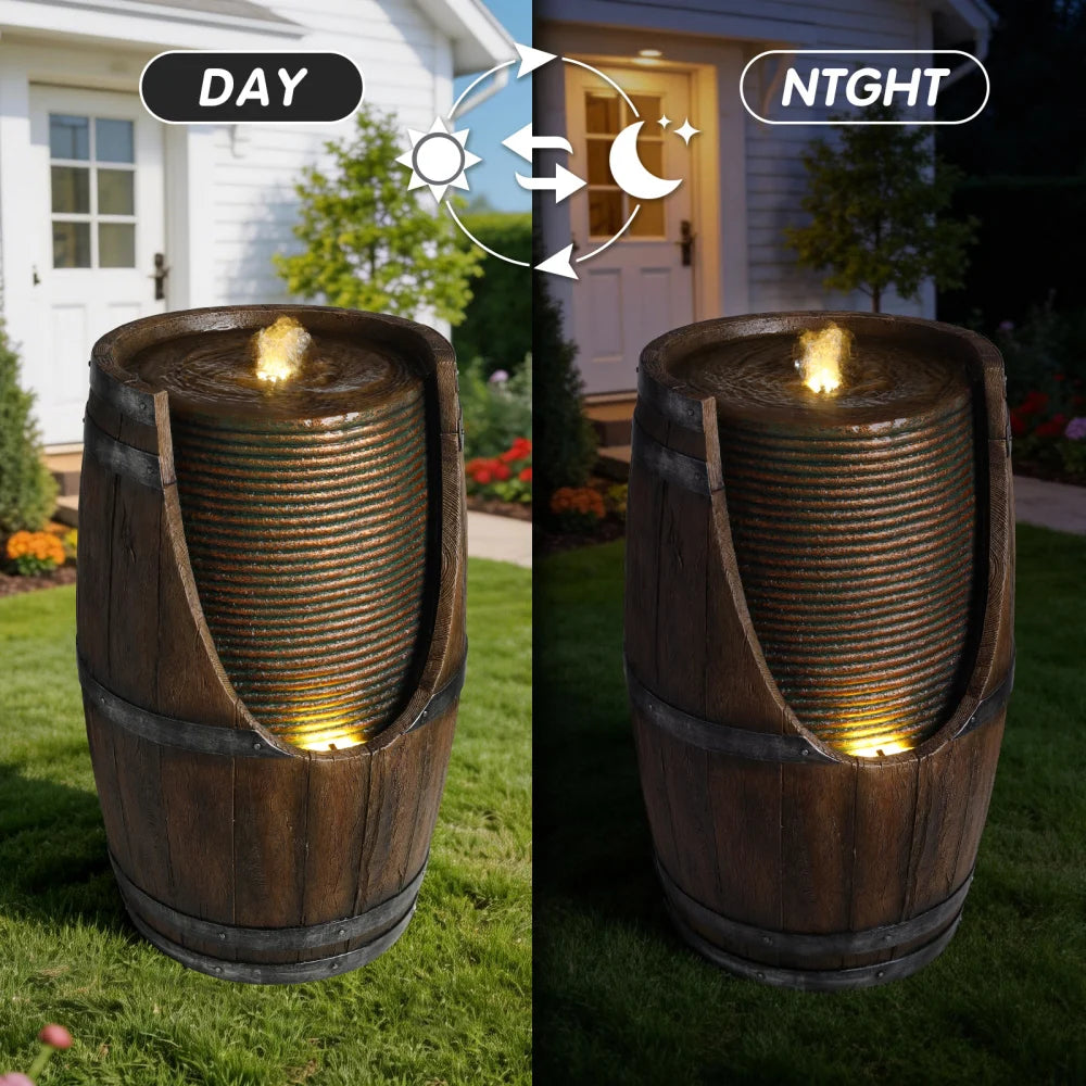 Handcrafted Resin Barrel Water Fountain With Built In Lights Outdoor Decor